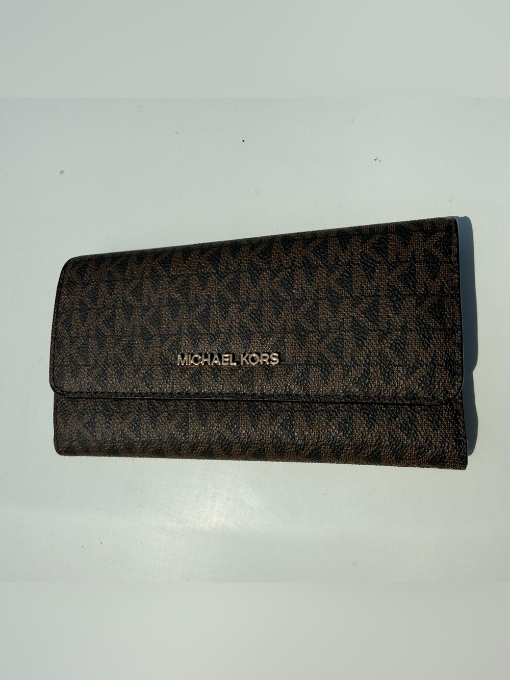 Michael Kors Dark Brown MK Monogram Continental Wallet with Gold Logo
